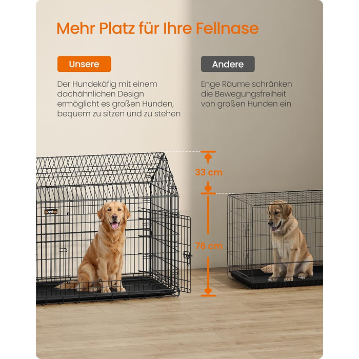 Клітка для собак Feandrea, 120x72.5x109 см, металева, розкладна, XXL, для великих собак, з подвійними дверцятами, легко миється, чорна