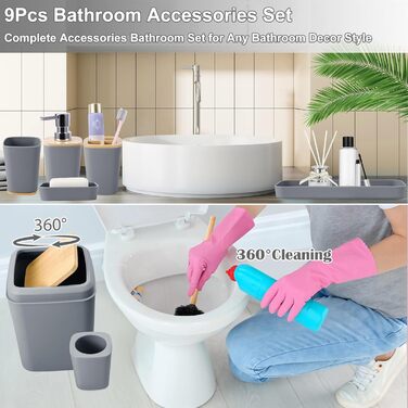 Набір аксесуарів для ванної кімнати, 9 предметів: сміттєвий бак, тримач для зубних щіток, стакан для зубних щіток, диспенсер для мила/лосьйону, полиця для раковини, мильниця, щітка для унітазу, тримач для ватних паличок (сірий, набір для ванної кімнати)