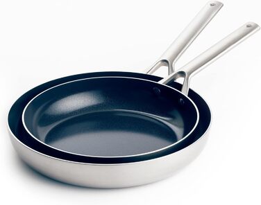 Набір сковорідок Blue Diamond Triple Steel, 2 шт, 24 і 26 см, багатошарові, з діамантовим керамічним антипригарним покриттям, нержавіюча сталь, PFAS-вільні, для індукції, посудомийної машини та духовки, сріблясті