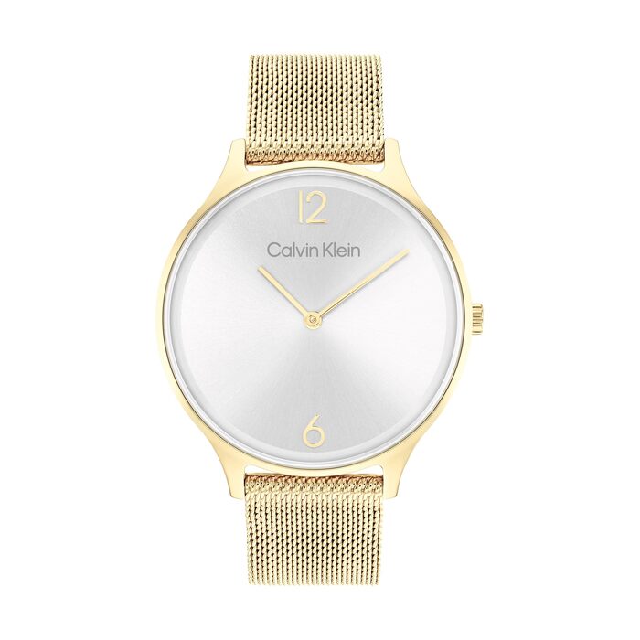 Жіночий аналоговий кварцовий годинник Calvin Klein Timeless Mesh 38mm, золотистий сталевий плетіний ремінець