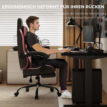 Геймерське крісло Nexthra Ergonomisch з підставкою для ніг, до 180 кг, рожеве. Офісне крісло для геймінгу та роботи, з регульованою спинкою 150°
