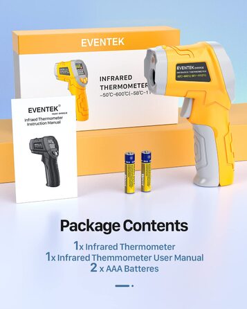 Інфрачервоний термометр Eventek -50°C ~ 600°C з лазером, регулюванням випромінювання та LCD-дисплеєм для гриля, піци, кухні та промисловості (жовтий)
