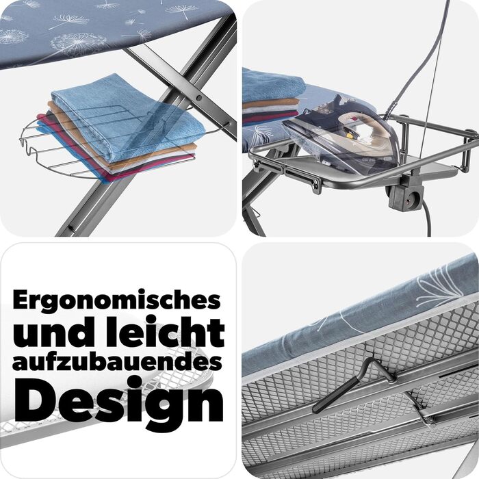 Прасувальна дошка KADAX з підвішуванням для рукавів 130x41 см, поверхня для прасування 53x13 см, з підставкою для праски та розеткою, складна, з підключенням до парогенератора, виготовлена в ЄС (Темно-синій)