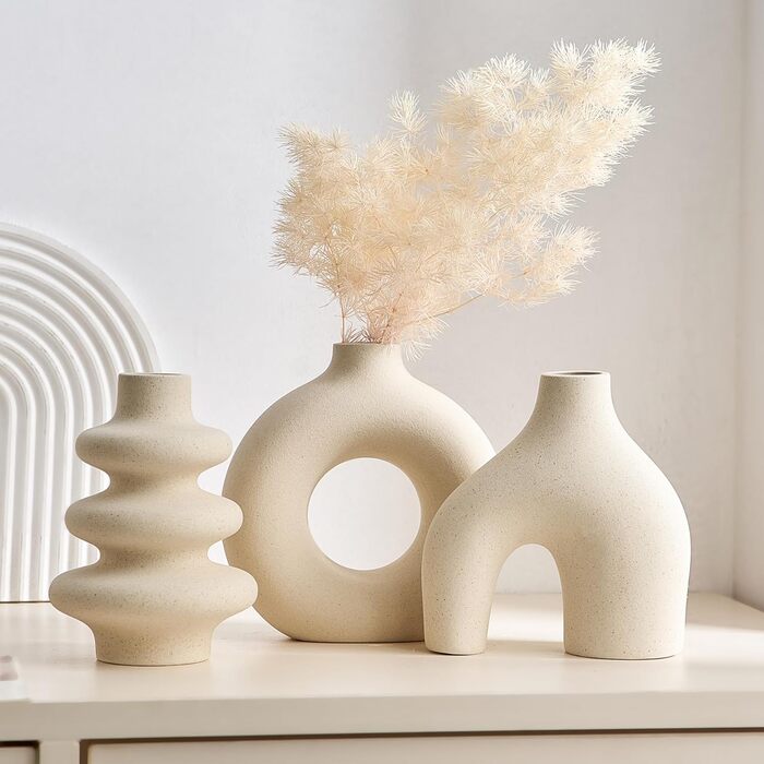 Set of 3 Ceramic Vases for Pampas Grass - Modern Round Decorative Vases for Home Decor, Wedding Centerpieces