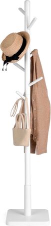 VASAGLE Coat Rack, Clothes Rack Solid Wood, Tree Shape Jacket Stand, 8 Hooks for Jackets, Hats, for Entryway, Hooks and Hold Bar Made of Rubber Wood, Cloud White RCR010W02
