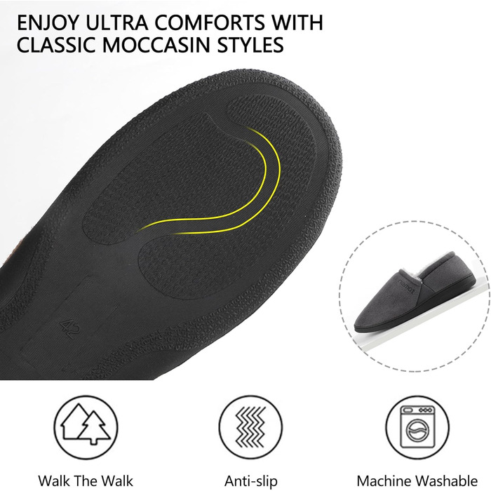 Чоловічі мокасини-домашні тапочки Riehmot з м'якою підошвою з гуми, з підкладкою Sherpa, теплі, з м'якою піною Memory Foam, сірі, розмір EU 42-47