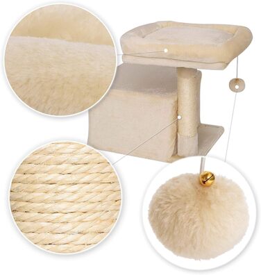Cat scratching post with a cozy lying area & cave, height 50 cm, cat tree with plush ball incl. bell, sisal rope & soft plush, suitable for small & large cats, beige