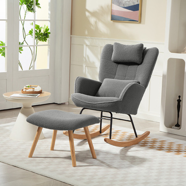HOMCOM Rocking Chair with Ottoman, Soft Fleece Upholstery, Wooden Legs, Cushion, High Back, Rocker, Dark Grey