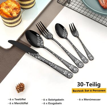 Black Cutlery Set for 6 People, HONKKU 30-Piece Stainless Steel Cutlery Set, Dining Cutlery Set Mirror Polished with Floral Patterns, Fork Spoon Knife Set Dishwasher Safe