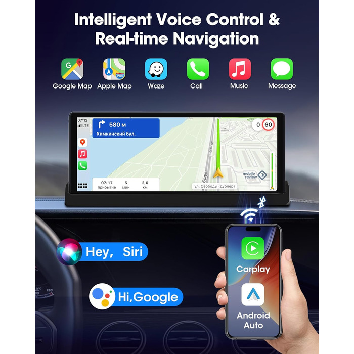 Автомобільний дисплей 10,26'' CarPlay/Android Auto з сенсорним екраном, підставкою, камерою заднього виду, GPS-навігацією, підтримкою Siri/Google для авто 2025, Buddy Display