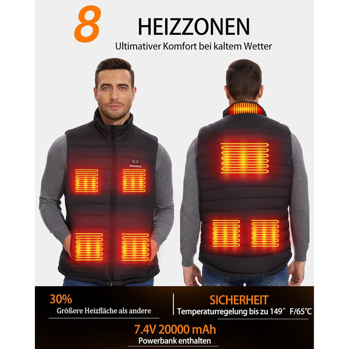 Електрична гріюча жилетка для чоловіків з акумулятором 20000mAh, 8 зон нагріву та 3 рівня температури, для активного відпочинку, чорна