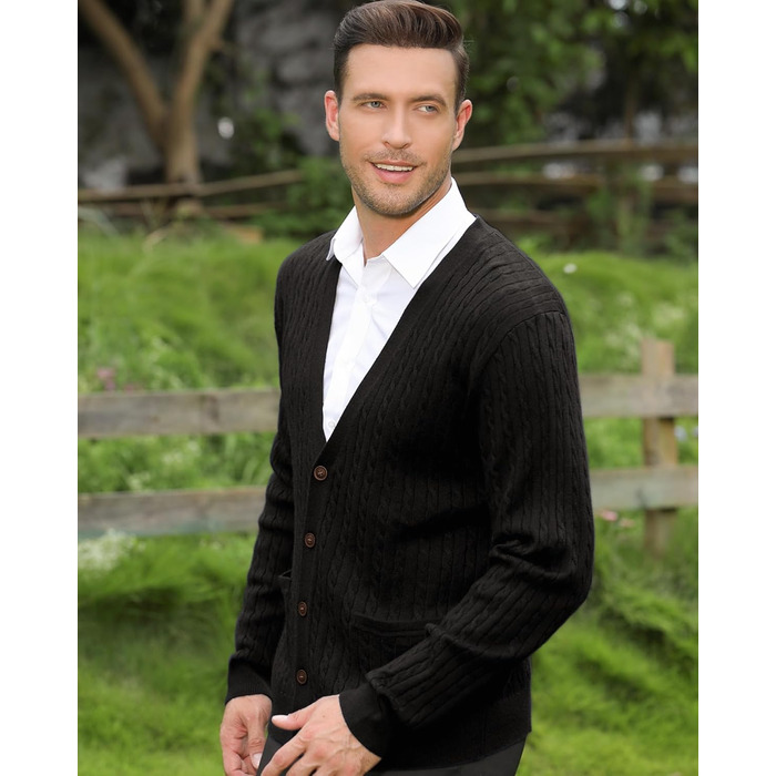 Чоловічий кардиган Kallspin з в'язаного з мікрофібри з косими візерунками, з ґудзиками та кишенями (S, Чорний)