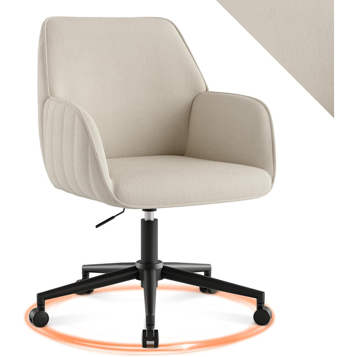 Офісний стілець для дому та офісу до 136 кг, обертовий, оксамитовий, з підлокітниками та колесами, ергономічний, білий. Стільчик для макіяжу, регульована висота.