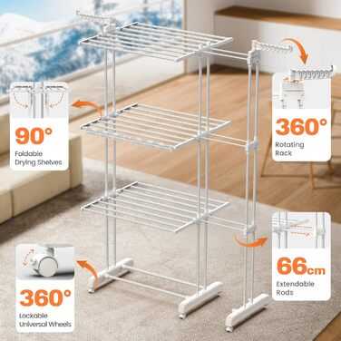 Сушарка для білизни Huracan 2в1: тур, розкладна, висувна, 3 яруси, з тримачами для шкарпеток та білизни (біла)