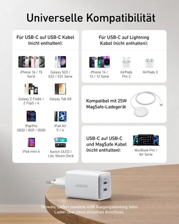 Зарядний пристрій Anker USB-C 47W (Nano 3) з 2 портами GaN, білий - для iPhone, Galaxy, Pixel, iPad