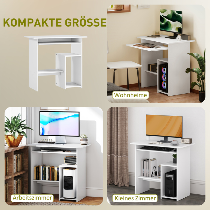 HOMCOM Desk, 80 x 45 cm, Computer Desk, Office Desk with Keyboard Tray, Open Compartments and Storage Surfaces, Chipboard, for Home Office, Bedroom, White | Aosom