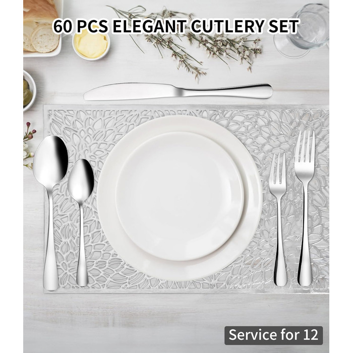 Xespis Cutlery Set 12 People, 60-Piece Stainless Steel Cutlery Set, with Steak Knives, Elegant Dinner Cutlery, High-Gloss Polished and Dishwasher Safe, with Knife Fork Spoon, for Home, Party, Restaurant