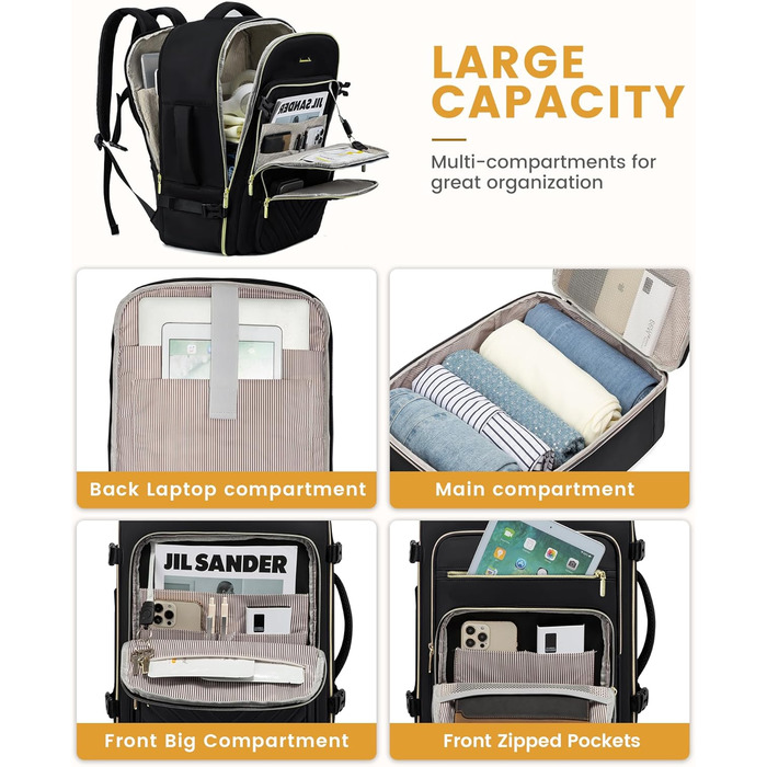 LOVEVOOK Рюкзак для ручної поклажі, 40L, водонепроникний, для ноутбука 17 дюймів, Easyjet, для подорожей, роботи, трекінгу, оливково-бежевий (18 дюймів, A-чорний)