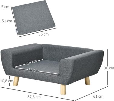 PawHut Софа для собак, скандинавський дизайн, м'яка подушка, дерев'яні ніжки, 87 x 61 x 36 см, поліестер, сіра