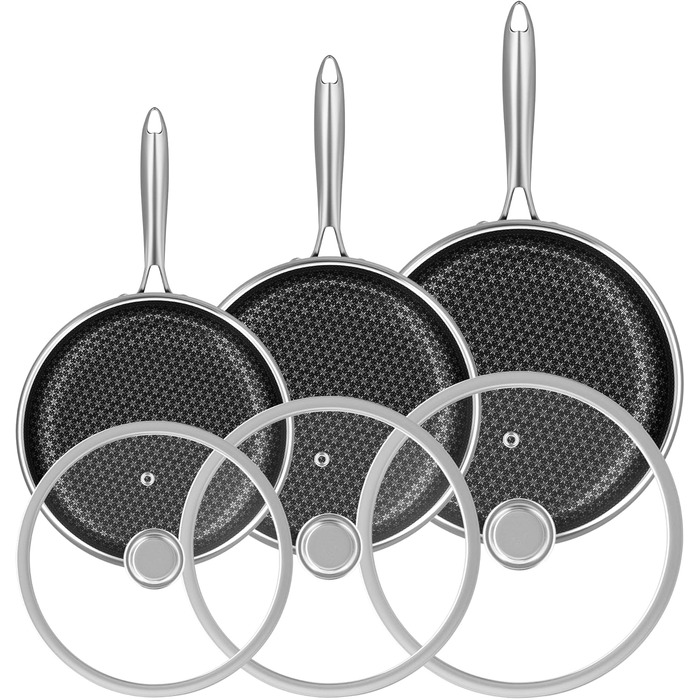 Набір сковорідок RIOVARM з нержавіючої сталі для індукційних плит, антипригарне покриття, 20/26/30 см + кришки, вок, сковорода для смаження та універсальна сковорода, підходить для всіх типів плит, безпечно миється в посудомийній машині, можна використову