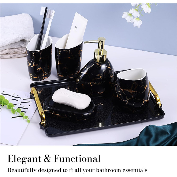 Black bathroom accessory set, gold marble look, modern 6-piece bathroom accessory set, complete with soap dispenser, toothbrush holder, cup, tray, countertop.