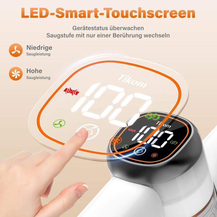 Бездротовий акумуляторний пилосос Tikom V500 450W, 6-в-1, білий. З контейнером 1.3л, для прибирання килимів, шерсті тварин та твердих поверхонь.