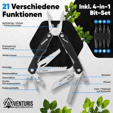 AVENTURIS® Multitool. Great multifunctional tool as bicycle accessories or outdoor gear, a multitool tool as men's gifts or a Leatherman multitool in green (Personalized, Black).