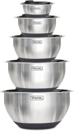 Набір місок для змішування Viking Culinary з нержавіючої сталі, 10 шт. | Силіконова основа, кришки, миття в посудомийній машині | Чорний колір