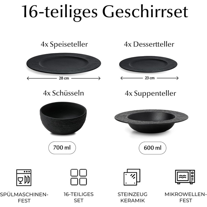 MIAMIO Набір посуду 16 предметів / Сучасний керамічний посуд / Набір для 4 осіб - Колекція Oasis (Чорний) / 16 предметів / Чорний набір посуду з суповими тарілками