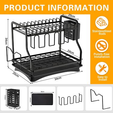 Сушарка для посуду з нержавіючої сталі з двома ярусами, з підставкою для обрізки, тримачем для чашок, столових приборів та зливною чашею. Ідеальна для кухні.