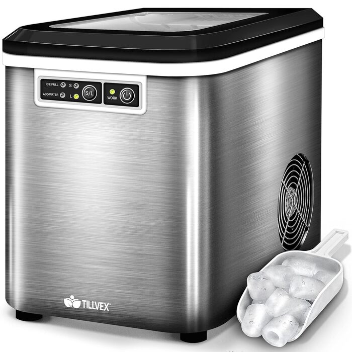 Tillvex Stainless Steel Ice Maker - 12kg Capacity, 24-Hour Production | 2.2L Water Tank, LED Display, Self-Cleaning Function | 2 Ice Cube Sizes