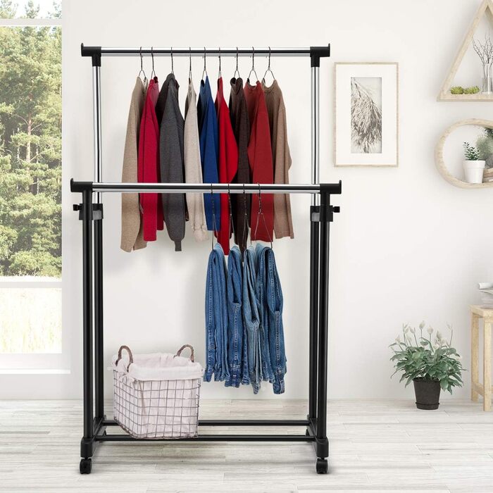 COSTWAY Clothes Rack with 2 Height-Adjustable Clothes Rods, Coat Rack on Wheels, Rolling Wardrobe, Clothes Cart, Stable Clothes Rack, 86 x 43 x 94-168cm, Black