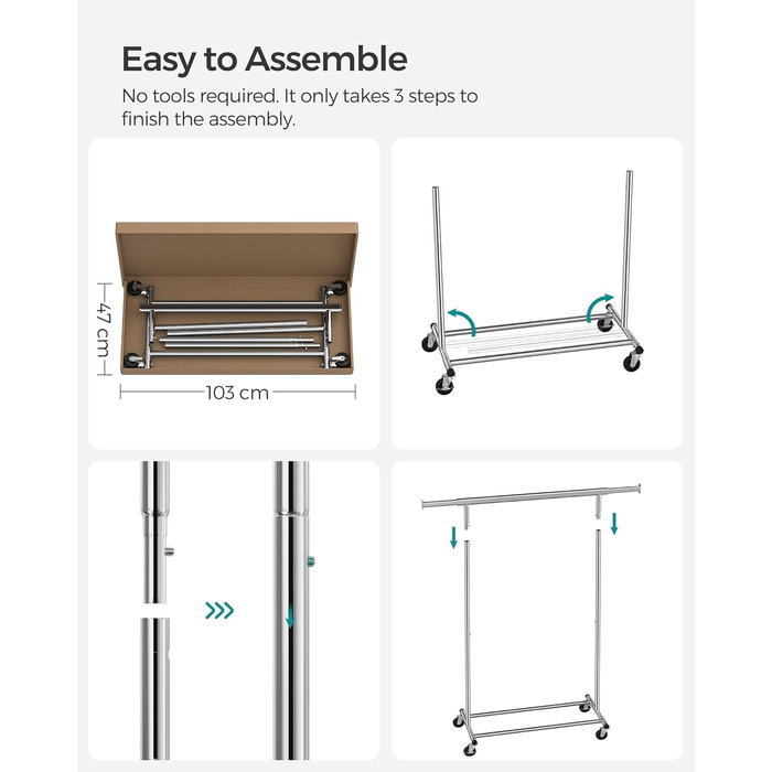 SONGMICS Heavy-Duty Clothes Rack, 2-Piece Set, Rolling Garment Rack, Holds up to 90 kg, with Extendable Wardrobe Rack, Folding Base, Shelf for Boxes, Silver HSR013S02