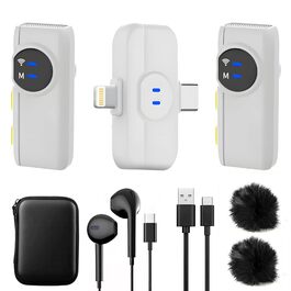 USB-C Беспроводной петличный микрофон 2 в 1 для iPhone, подавление шума KI, мини-микрофон для видеоблогинга, видео, подкастов, интервью, TikTok, YouTube - Черный (2 TX + 1 RX) (A5-Basic White (2 в 1))