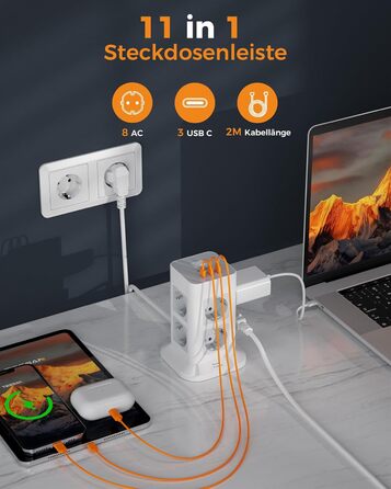 Блок розеток TESSAN з захистом від перенапруги, 3600W, 16A, 8 розеток, 3 USB-C, 2M, сірий