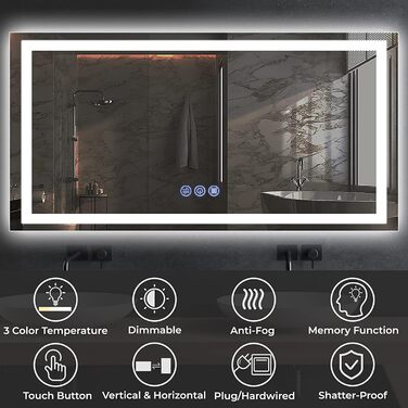 Дзеркало для ванної кімнати з підсвічуванням 100x60 см, сенсорне керування, IP65, 3 колірні температури, HD скло, вертикальна/горизонтальна орієнтація, Faw Halo Double