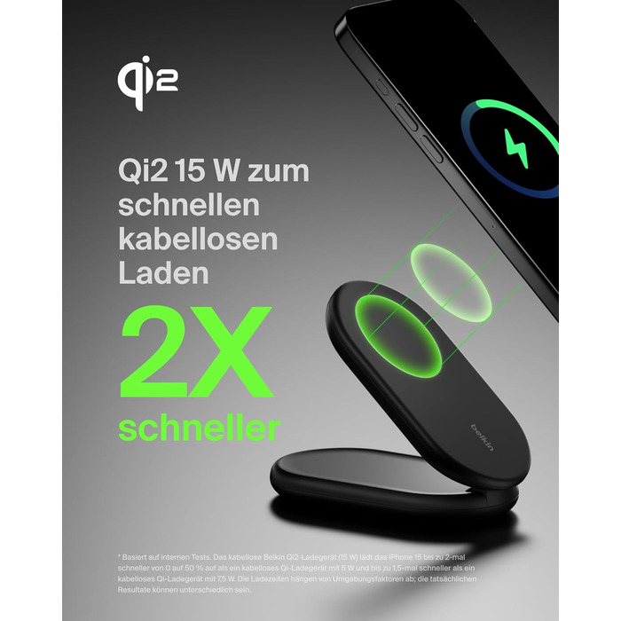 Belkin BoostCharge: Бездротовий зарядний пристрій з магнітним кріпленням Qi2, 15 Вт, сумісний з MagSafe для iPhone 17, Air, 16, 15, 14, 13, 12, Pixel, з функцією підставки – Чорний