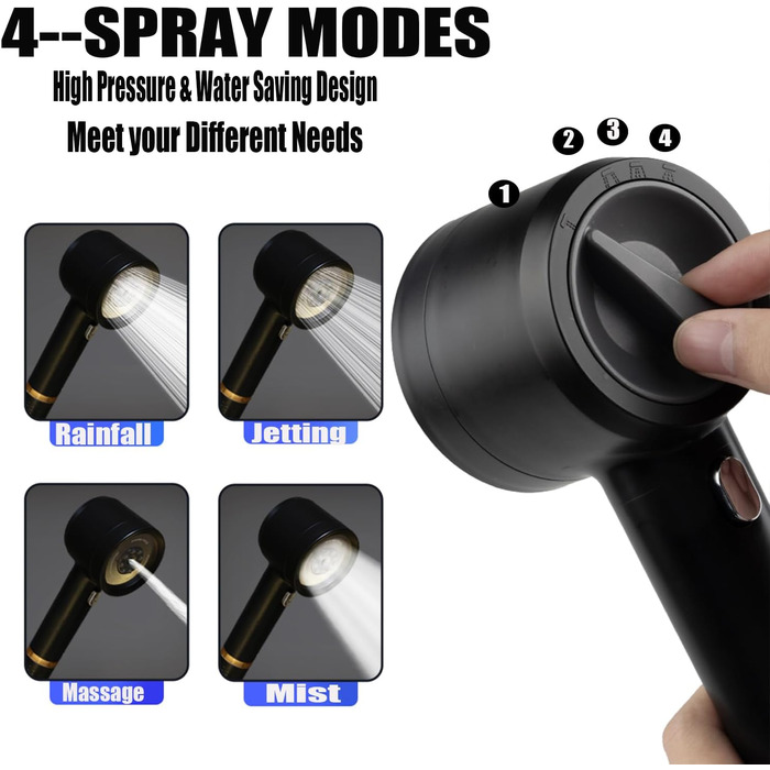 YOUMEIYUAN High-Pressure Shower Head with Handheld Shower, 4 Spray Modes, Water-Saving, Includes Hose, Holder, and Cotton Filter, Pink (Black)
