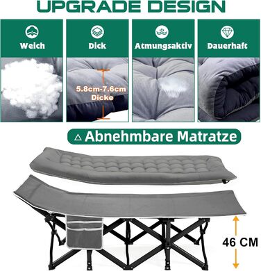 Розкладне ліжко для кемпінгу DRMOIS: велике (XXL), 81 см, вантажопідйомність 400 кг, з ізольованим килимком, сіре