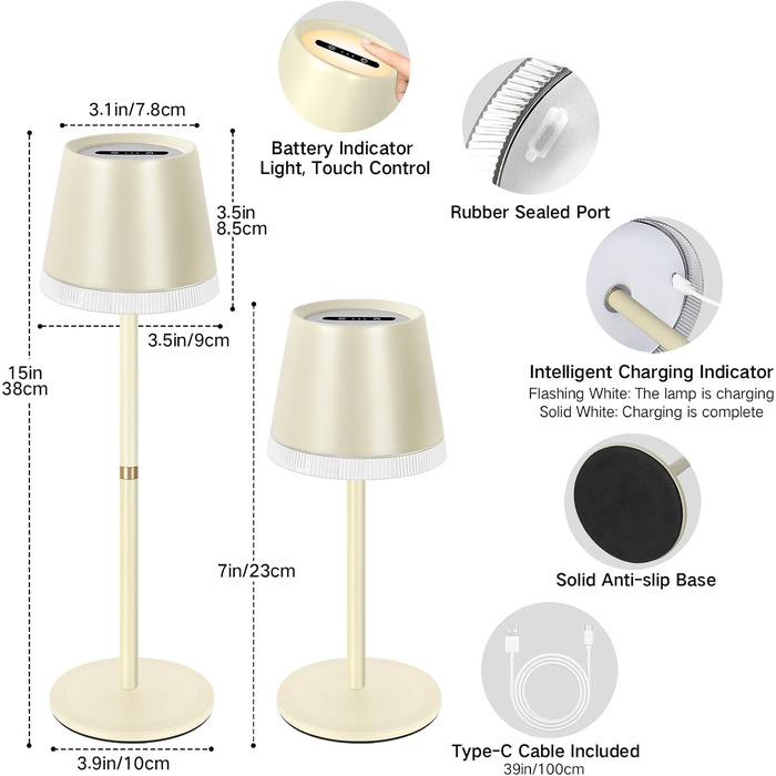 Світлодіодна настільна лампа OUTON бездротова з акумулятором, USB-C, 4000mAh, 3 режими світла, диммування, сенсорне управління, зелений (бежевий - 2 шт)