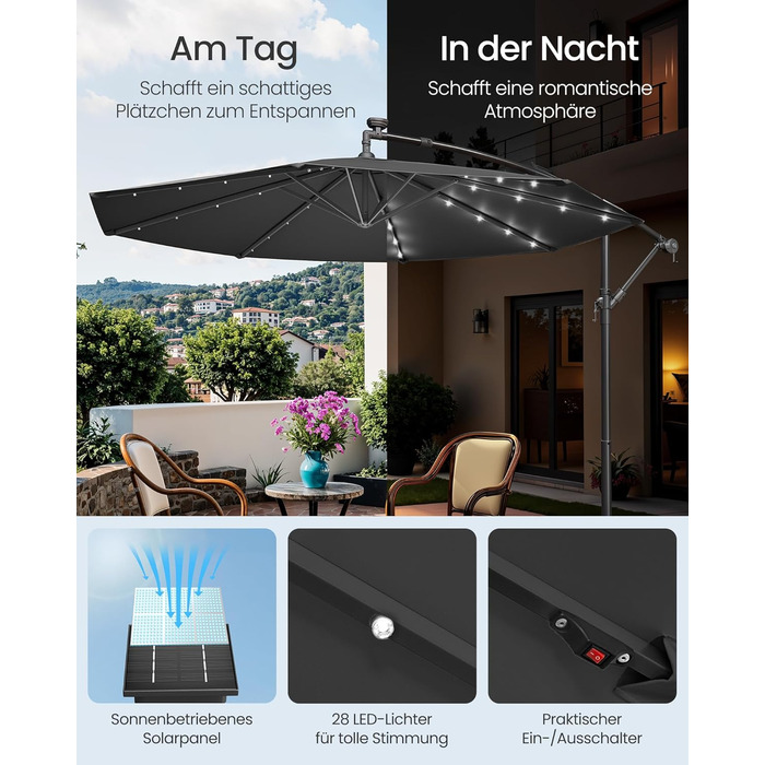 SONGMICS Patio Umbrella with LED Solar Lighting, Market Umbrella 300 cm Diameter, 32 LED Lights, with Stand, Sun Protection Balcony, Balcony Umbrella, UPF 50+, with Crank, for Terrace, Garden, Grey GPU118G01