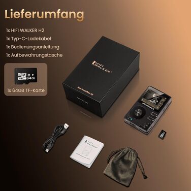 HIFI WALKER H2 MP3 плеєр з Bluetooth 5.2, DSD DAC Hi-Res FLAC плеєр, 64GB пам'яті, розширюваний до 512GB
