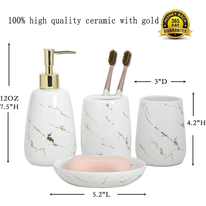 Bathroom Accessory Set, 4-Piece, complete with toothbrush holder, toothbrush cup, soap dispenser, soap dish, classic with gold-veined marble design, (White)