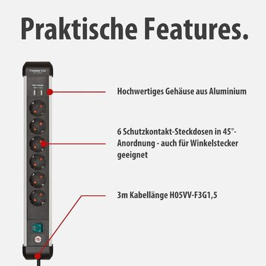 Мережевий фільтр Brennenstuhl Premium-Alu-Line на 6 розеток з USB (3.1A), 3м, алюмінієвий корпус, з вимикачем, Made in Germany