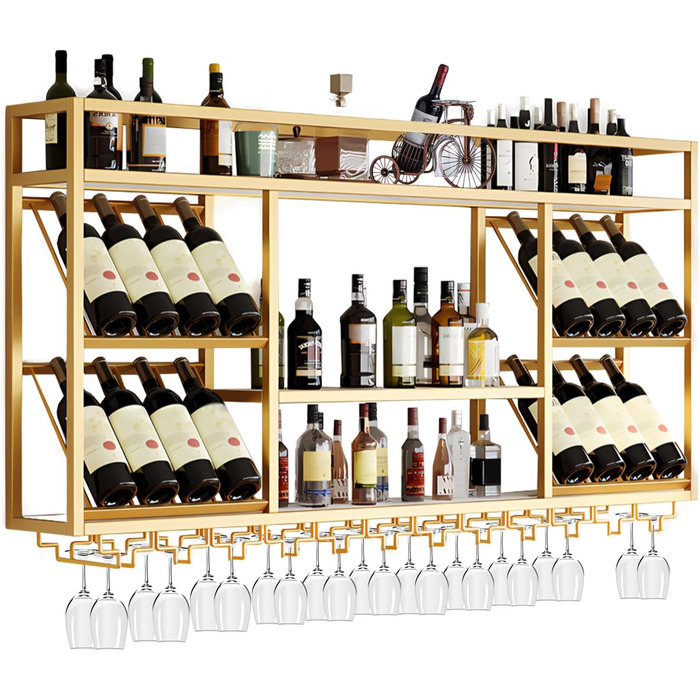 Настінна вітрина для вина з тримачем для келихів, 3-ярусна, металева вітрина в рустикальному стилі для алкогольних напоїв, для домашнього бару, зберігання вина на кухні (Золотий, 160см)
