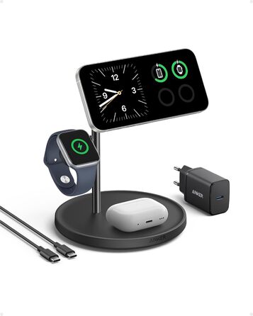 Anker MagGo 3-в-1 Бездротова Зарядка, 15W, MagSafe, Qi2, для iPhone 16/15/14/13, AirPods Pro, Apple Watch Ultra (з USB-C блоком живлення та кабелем), Чорний