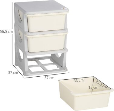HOMCOM Kids' Storage Drawer Cabinet with Storage Boxes, Toy Organizer, Toy Chest, Three Tiers for Kids' Rooms, 3-6 Years, Children's Furniture, 37 x 37 x 56.5 cm (37L x 37W x 56.5H cm, Cream White)
