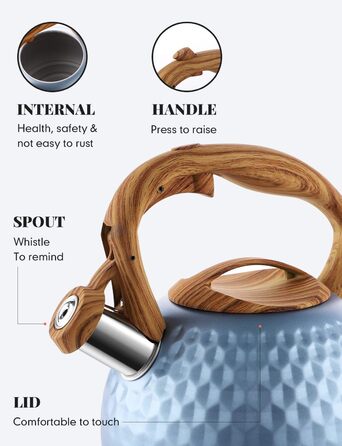 Чайник BELANKO Teekessel 2.7 л з дерев'яною ручкою, гучний свисток, чайник з нержавіючої сталі для плити, індукції, діамантовим дизайном, чорний (блакитний Glacier Blue)