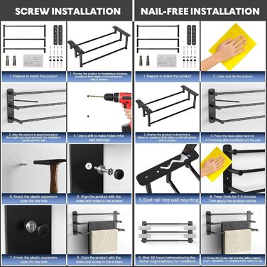 Тримач для рушників Lannvan без свердління, висувний 37-70см, нержавіюча сталь, для ванної кімнати/кухні, 2 способи встановлення, чорний