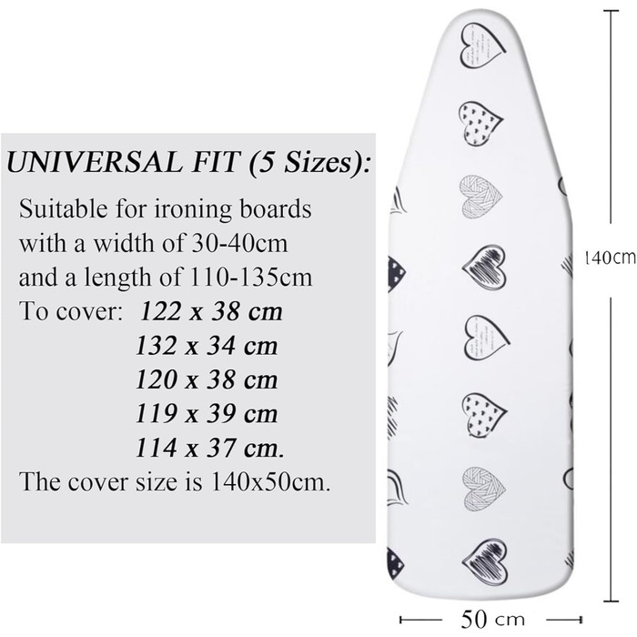 Гладильна дошка Yizunnu: 140x50 см, товсте покриття, шнурок, регульований затискач, простий монтаж, стійкий до подряпин принт (серце)